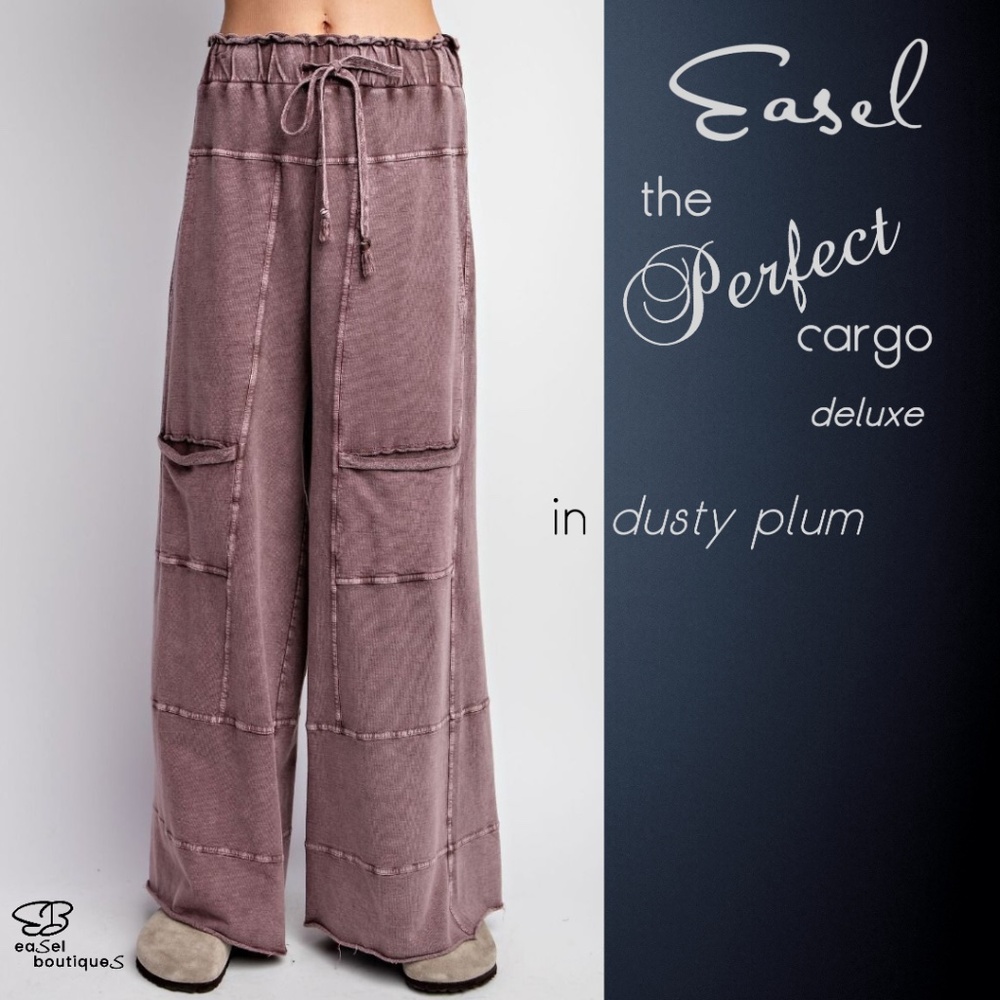 EASEL Perfect Cargo LUX Premium Mineral Wash Wide Leg Pant Raw Hem Seam Details